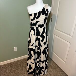 Abel the Label One Shoulder Tiered Maxi Dress - Black/White Abstract Print Large